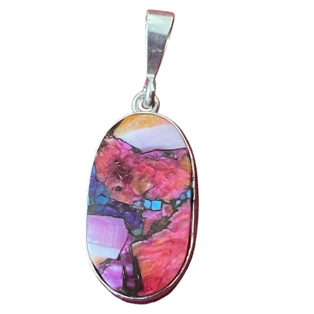 Sterling Silver Spiny Oyster Turquoise Dahlia Mojave Mosaic Oval Pendant 925